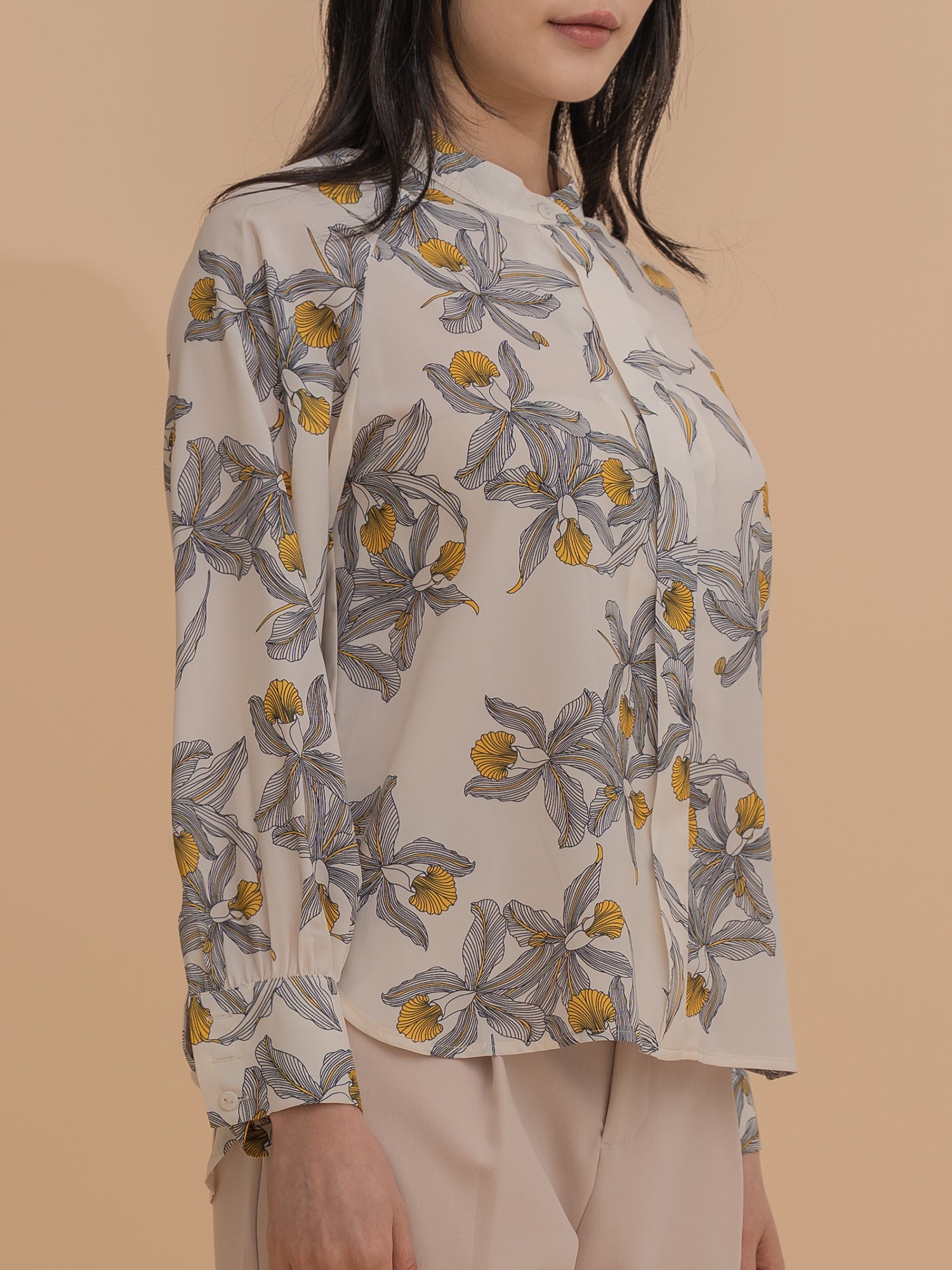 Botanical Print Mandarin Collar Blouse