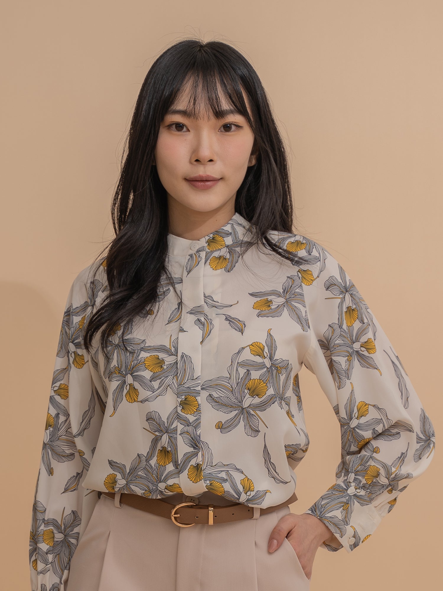Botanical Print Mandarin Collar Blouse