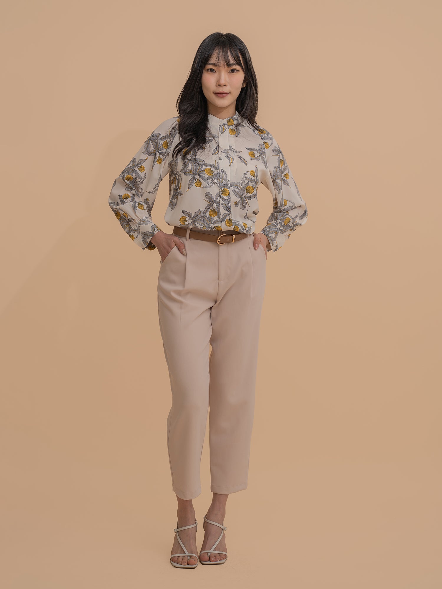 Botanical Print Mandarin Collar Blouse