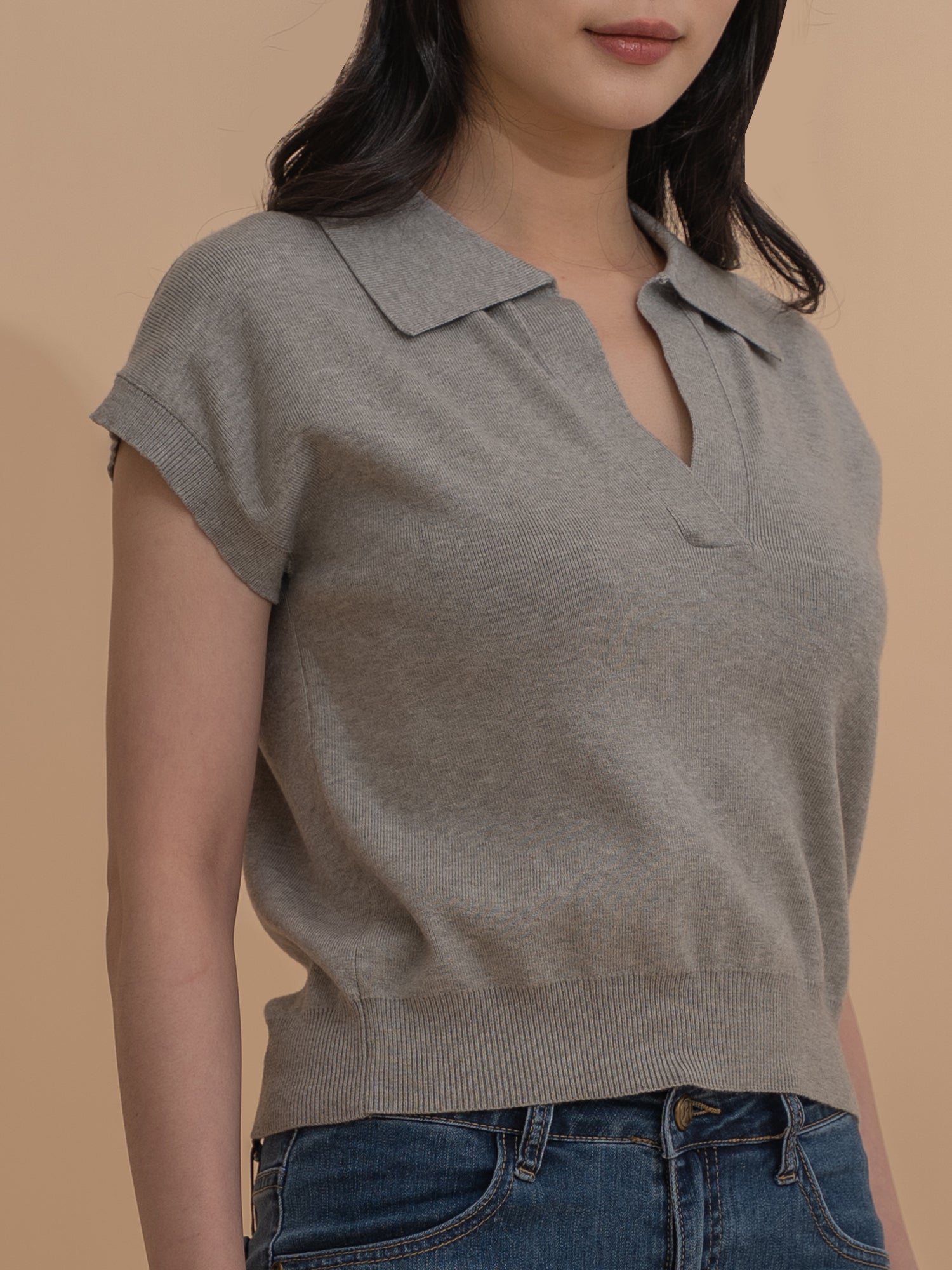 Collar Yarn Knit Drop Shoulder Top