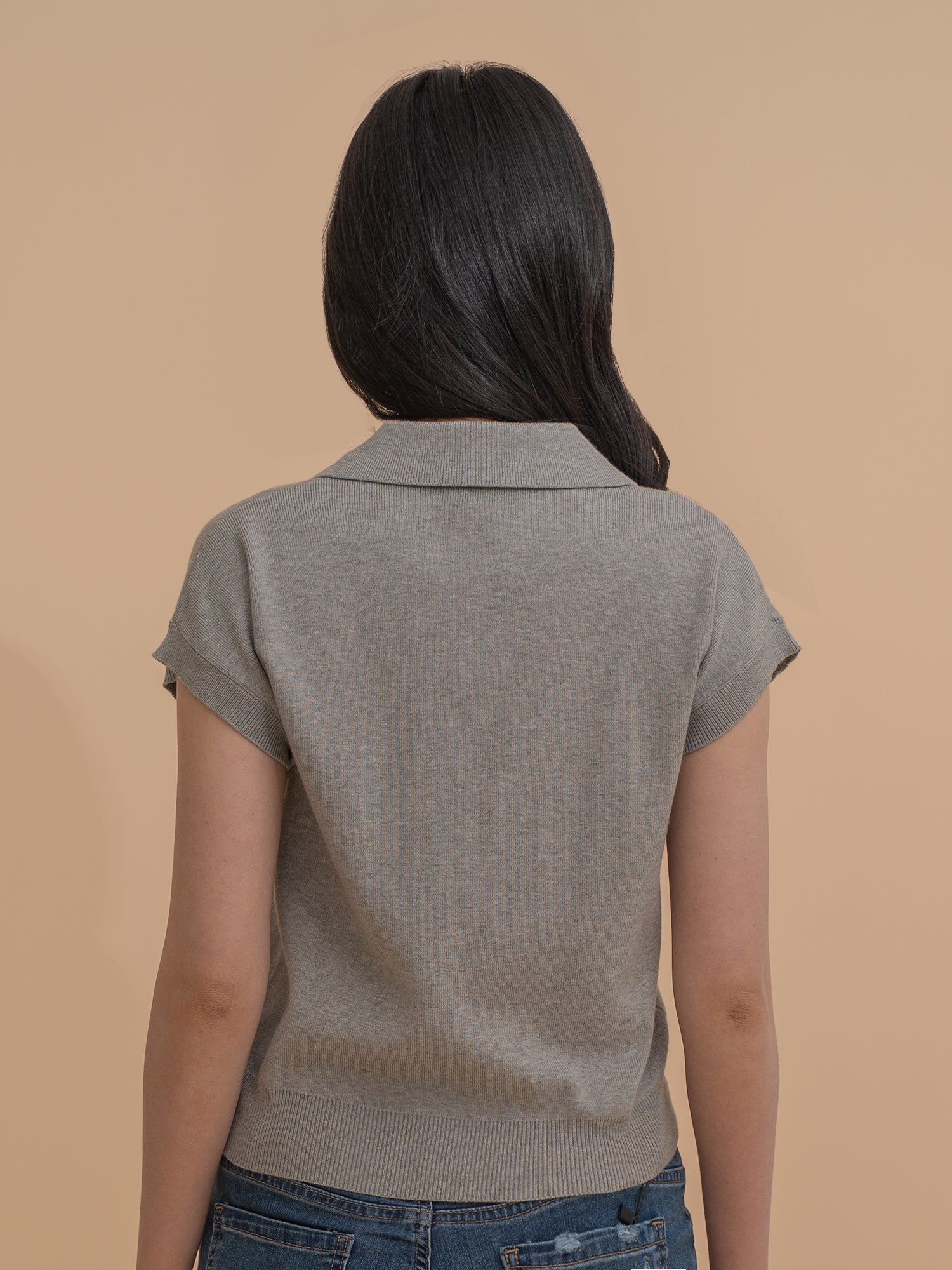 Collar Yarn Knit Drop Shoulder Top