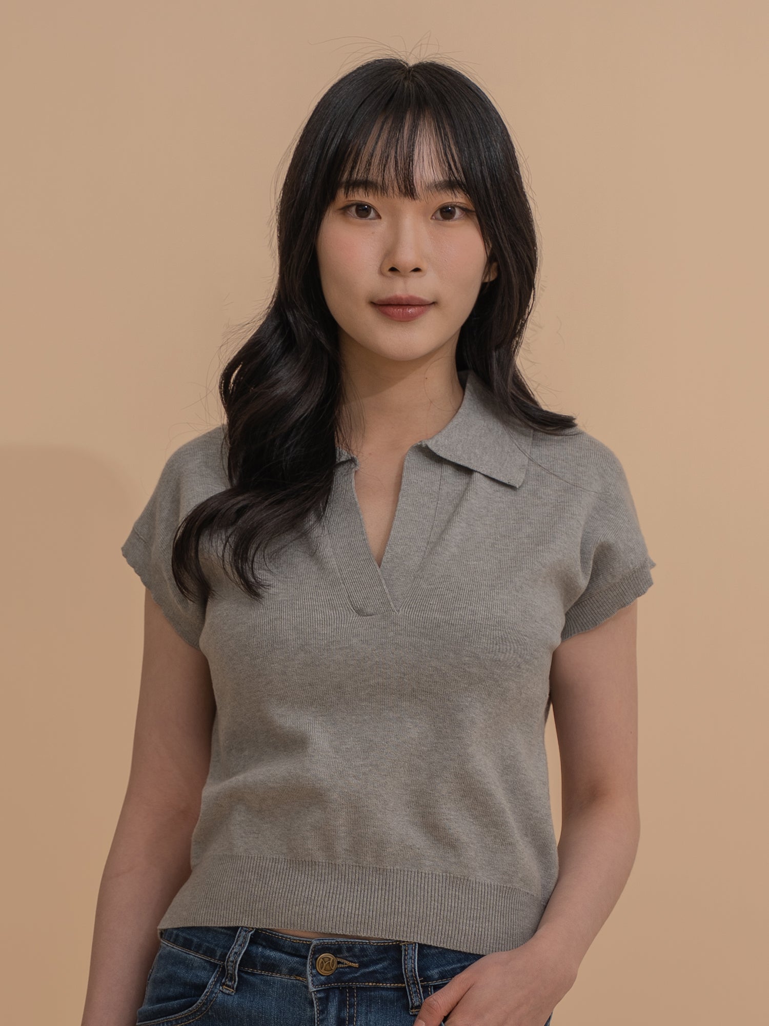 Collar Yarn Knit Drop Shoulder Top