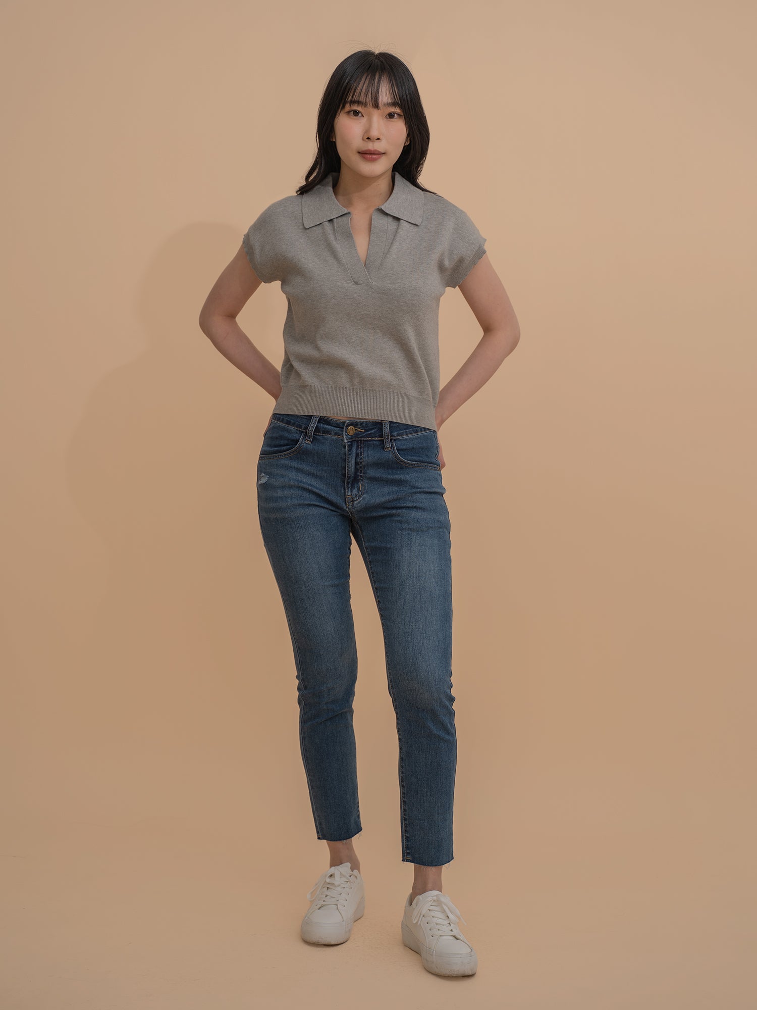 Collar Yarn Knit Drop Shoulder Top