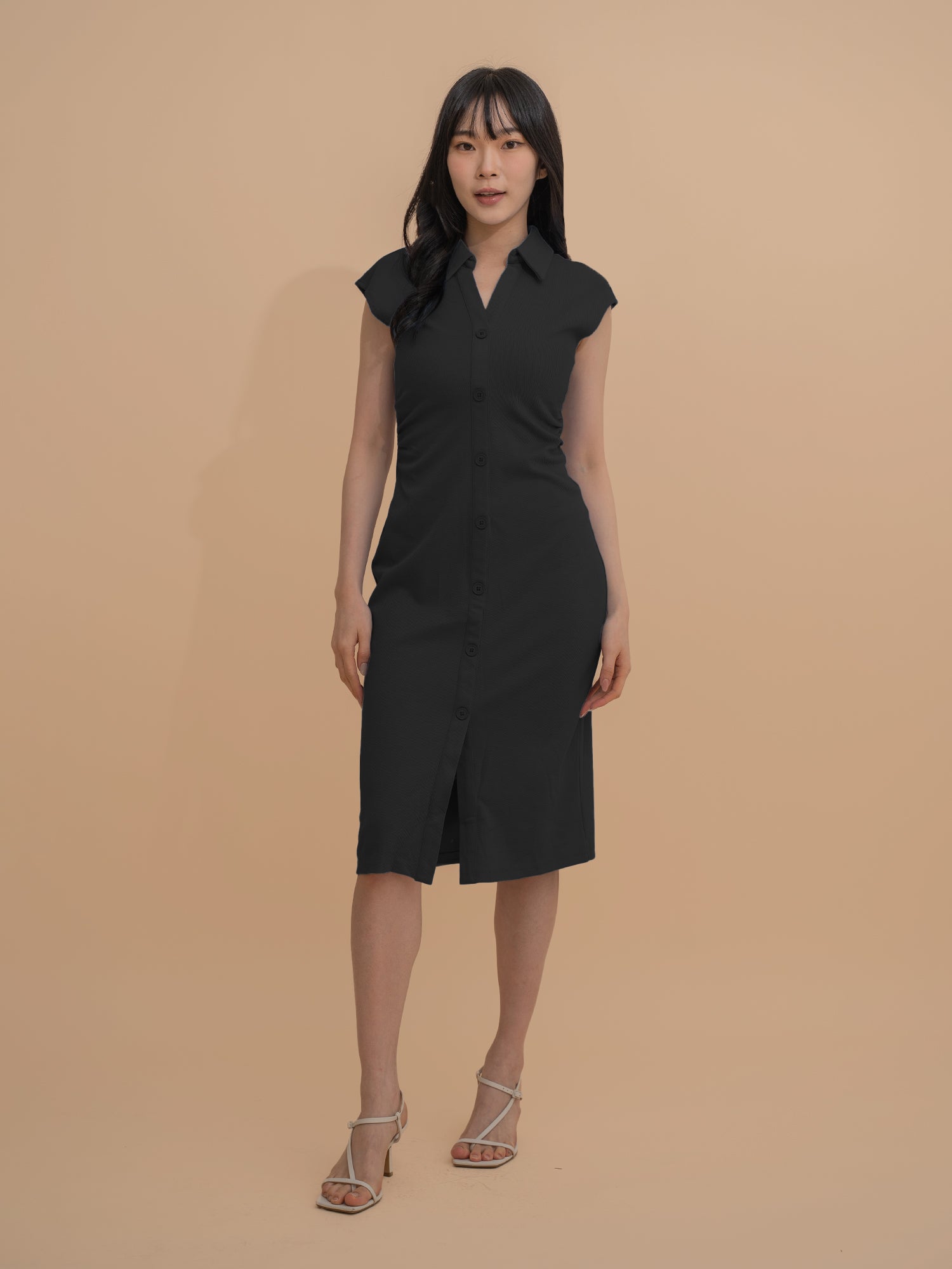 Button-Front Design Collared Midi Dress