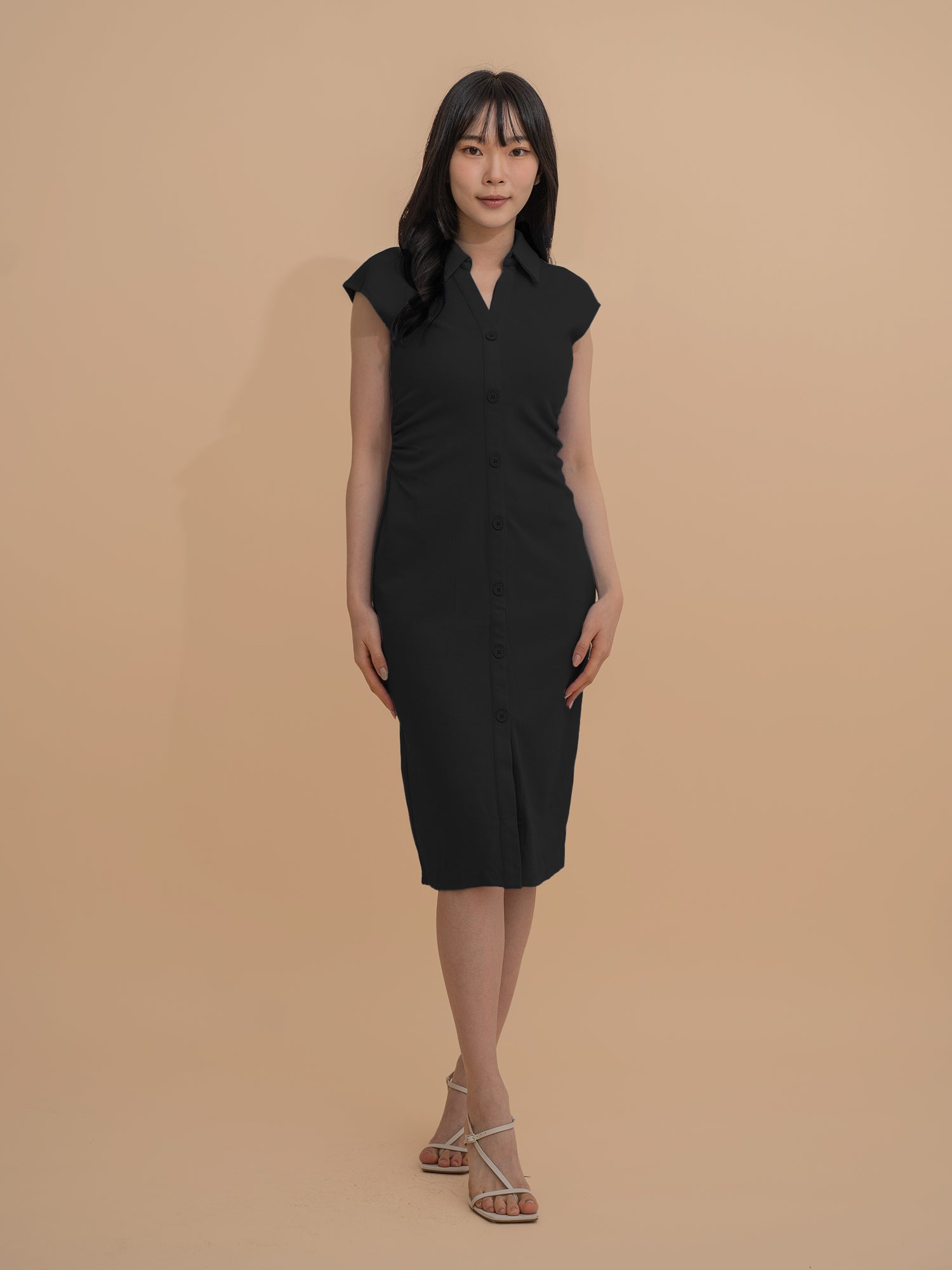 Button-Front Design Collared Midi Dress
