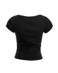 Ribbed Knit Short-Sleeve Boat Neck Top