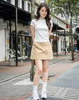 Ribbed Knit Short-Sleeve Boat Neck Top