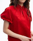 Puff-Sleeve Mandarin-Collar Blouse