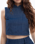 Denim Mandarin Collar Crop Shirt