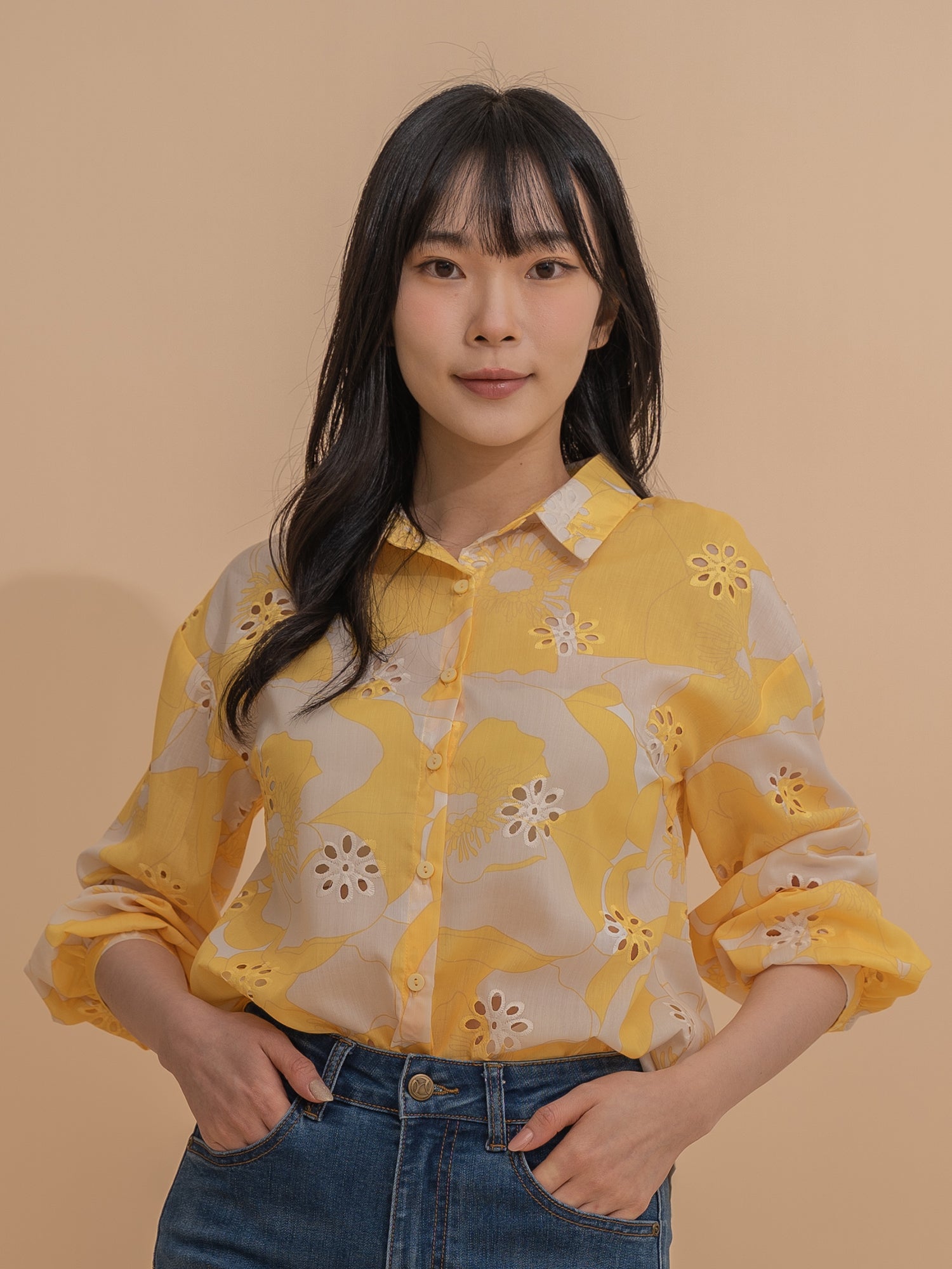 Embroider Floral Button-Up Blouse