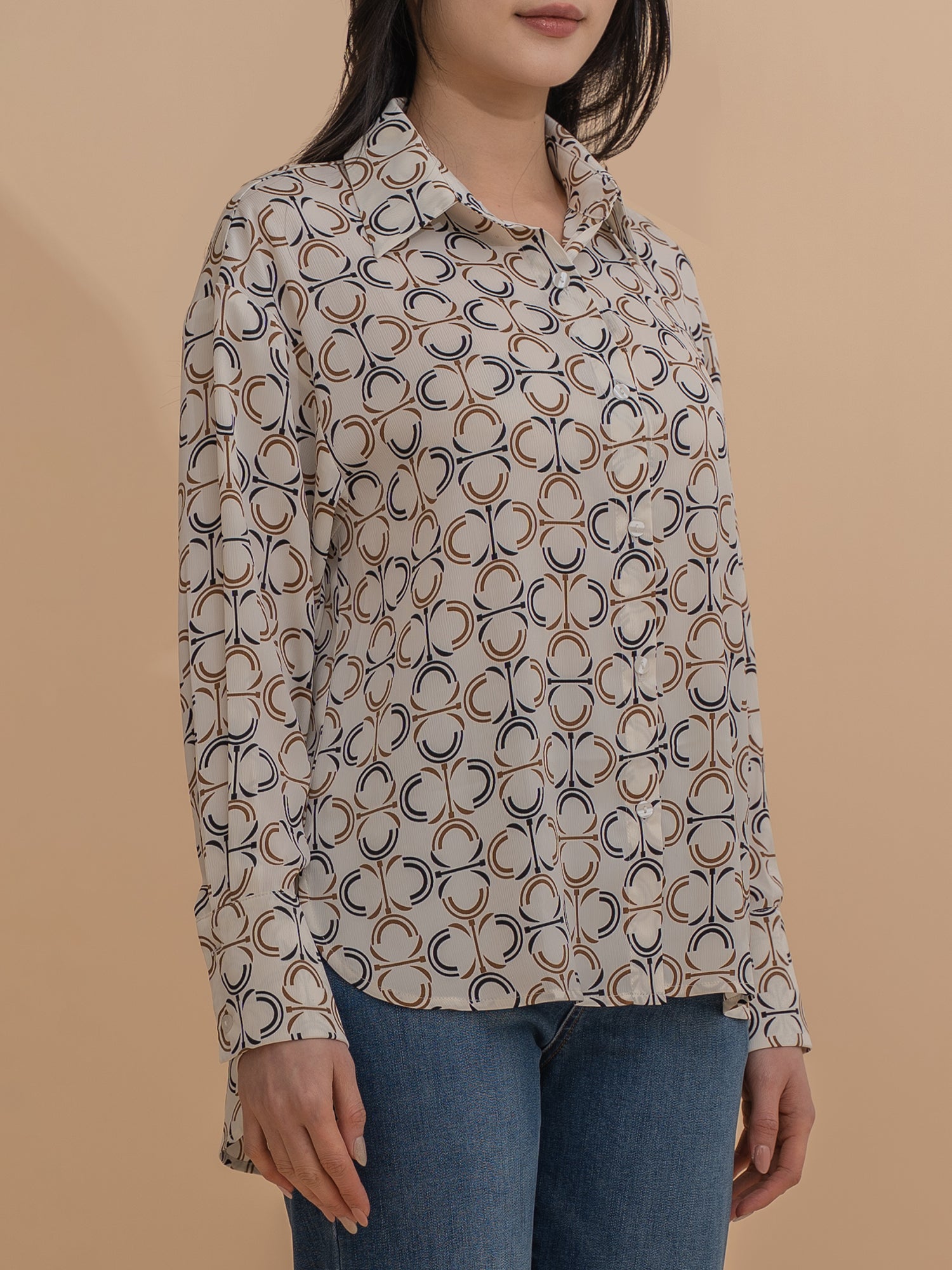 Geometric Print Button-Up Blouse