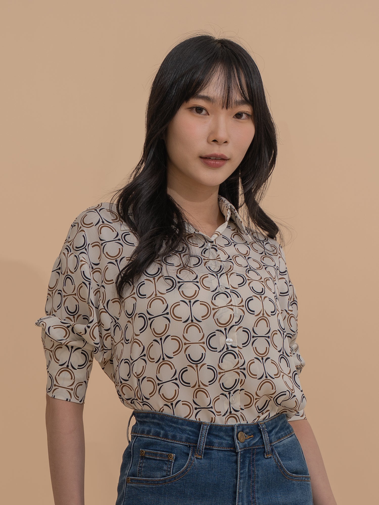 Geometric Print Button-Up Blouse