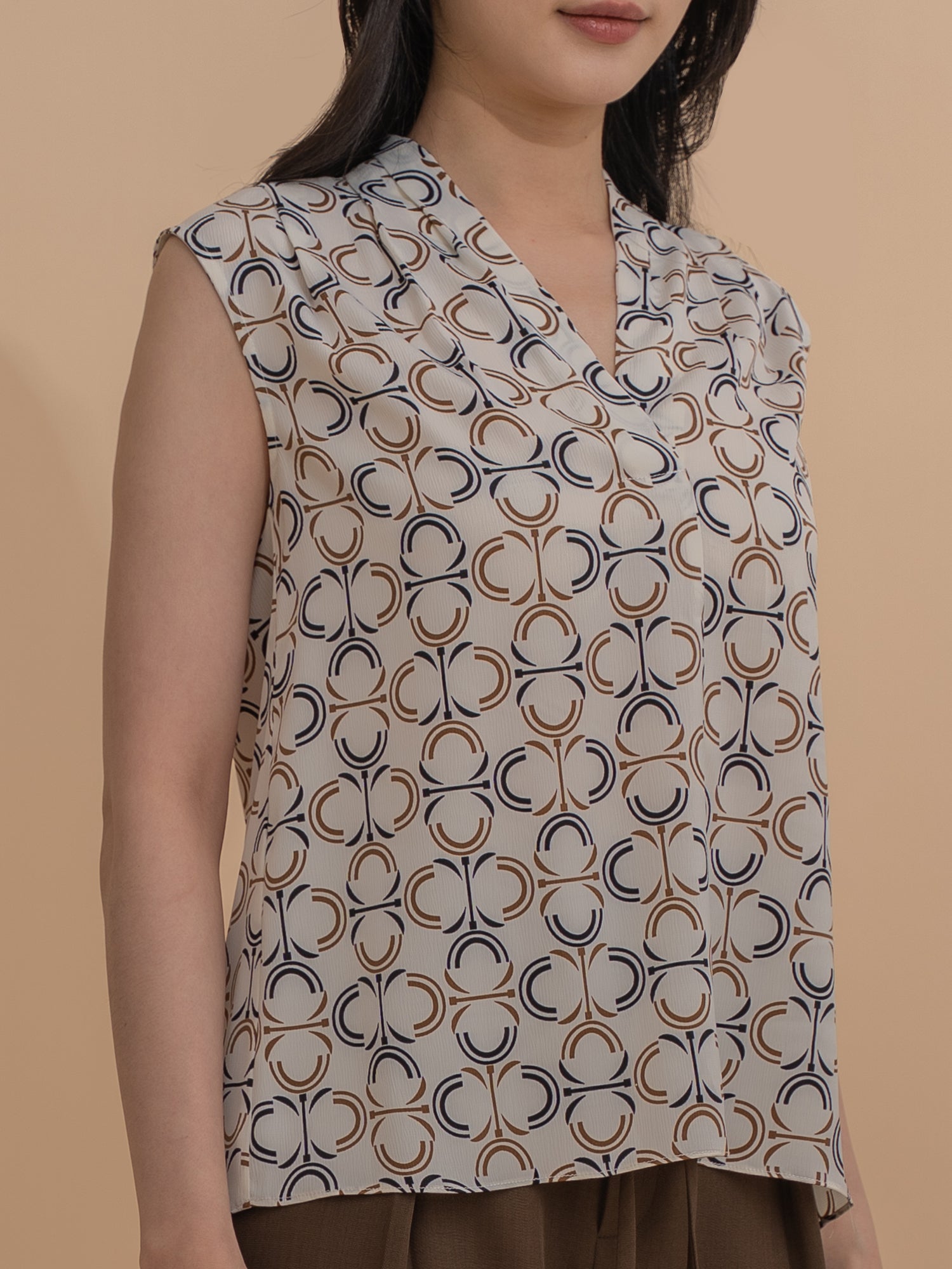 Printed Geometric Sleeveless V-Neck Top