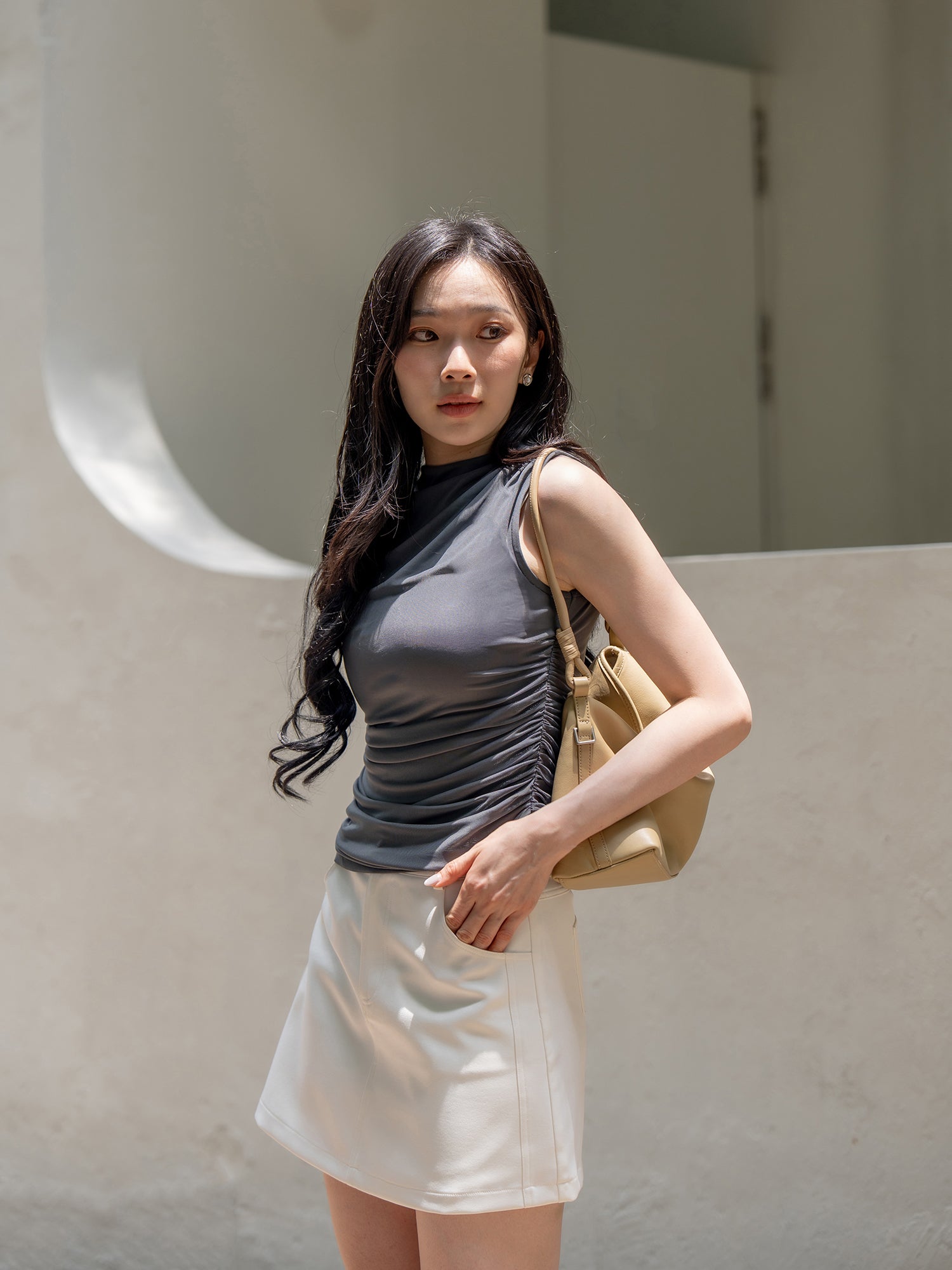 Ruched Sleeveless Mesh Top