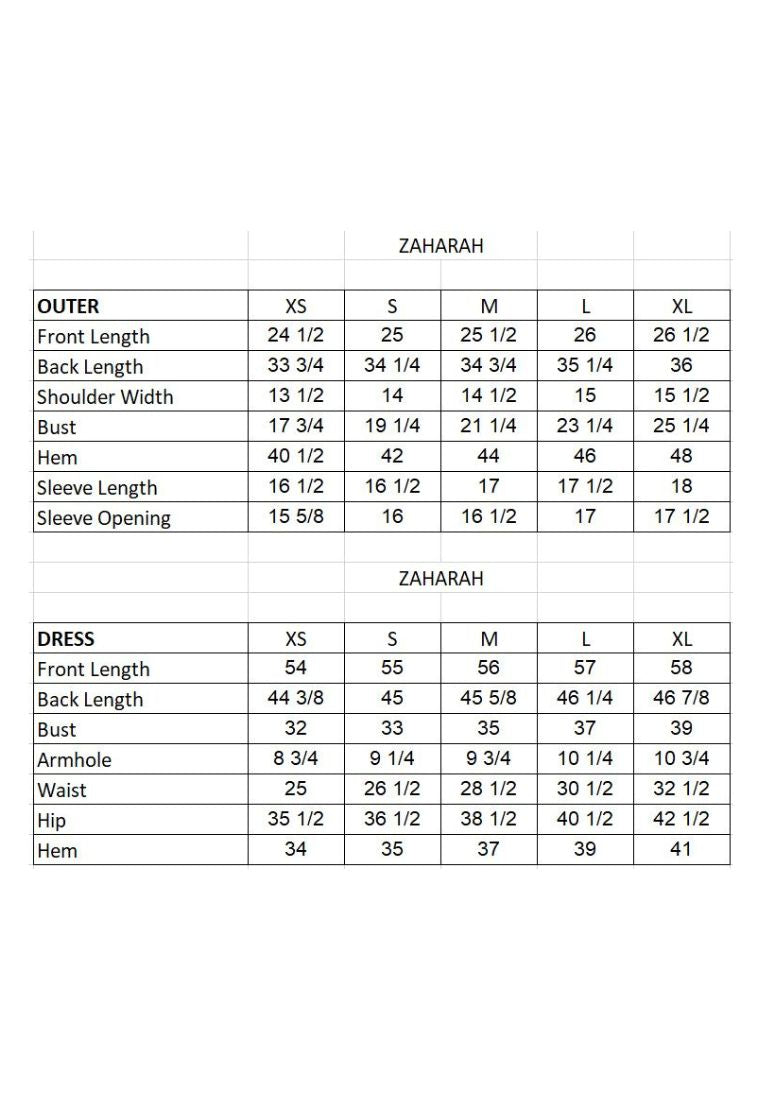 Zaharah Kebarung Set Size Guide