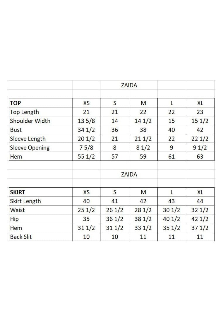 Zaida Modern Kurung Set Size Guide