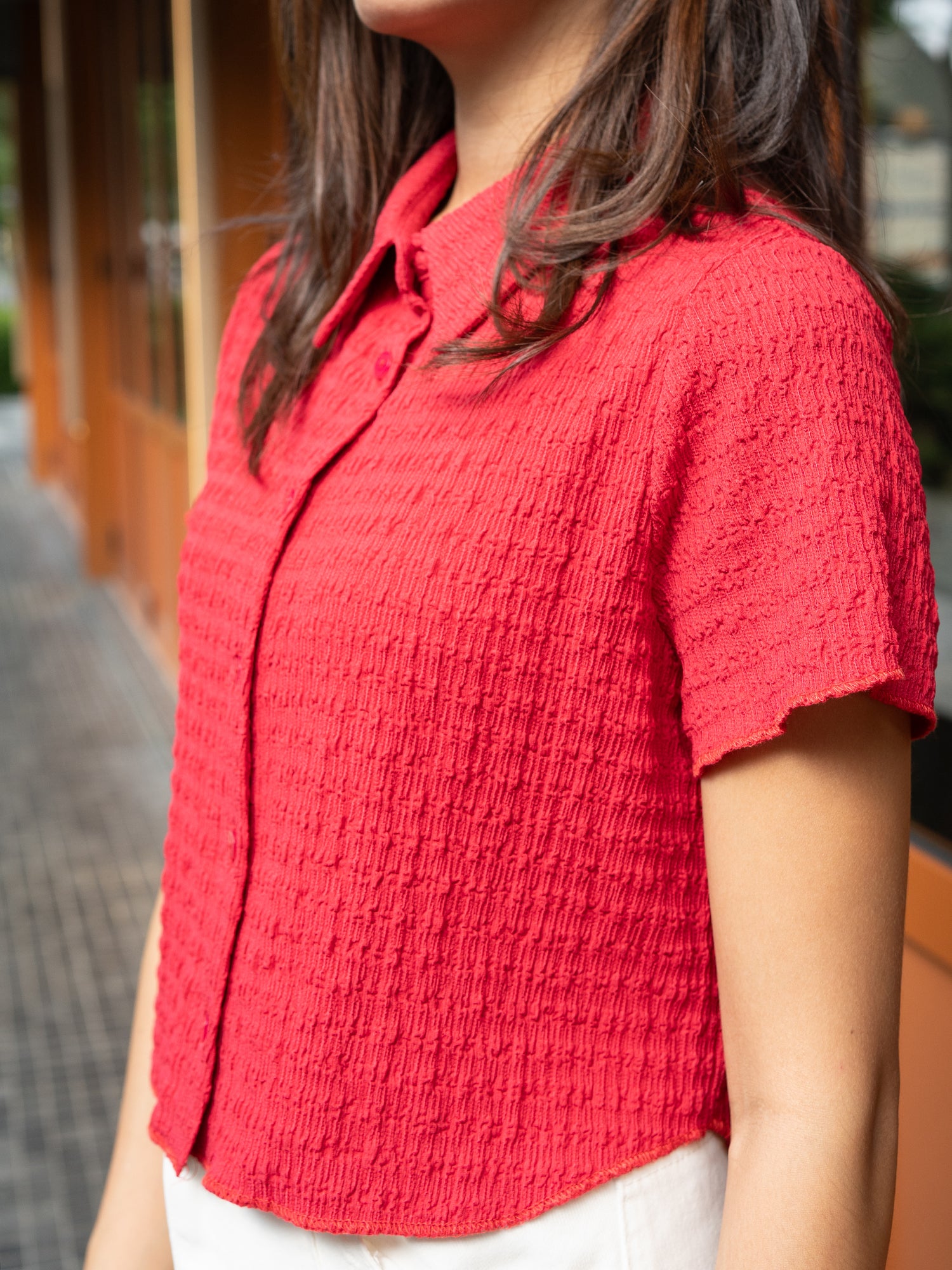 Textured Short-Sleeve Button-Up