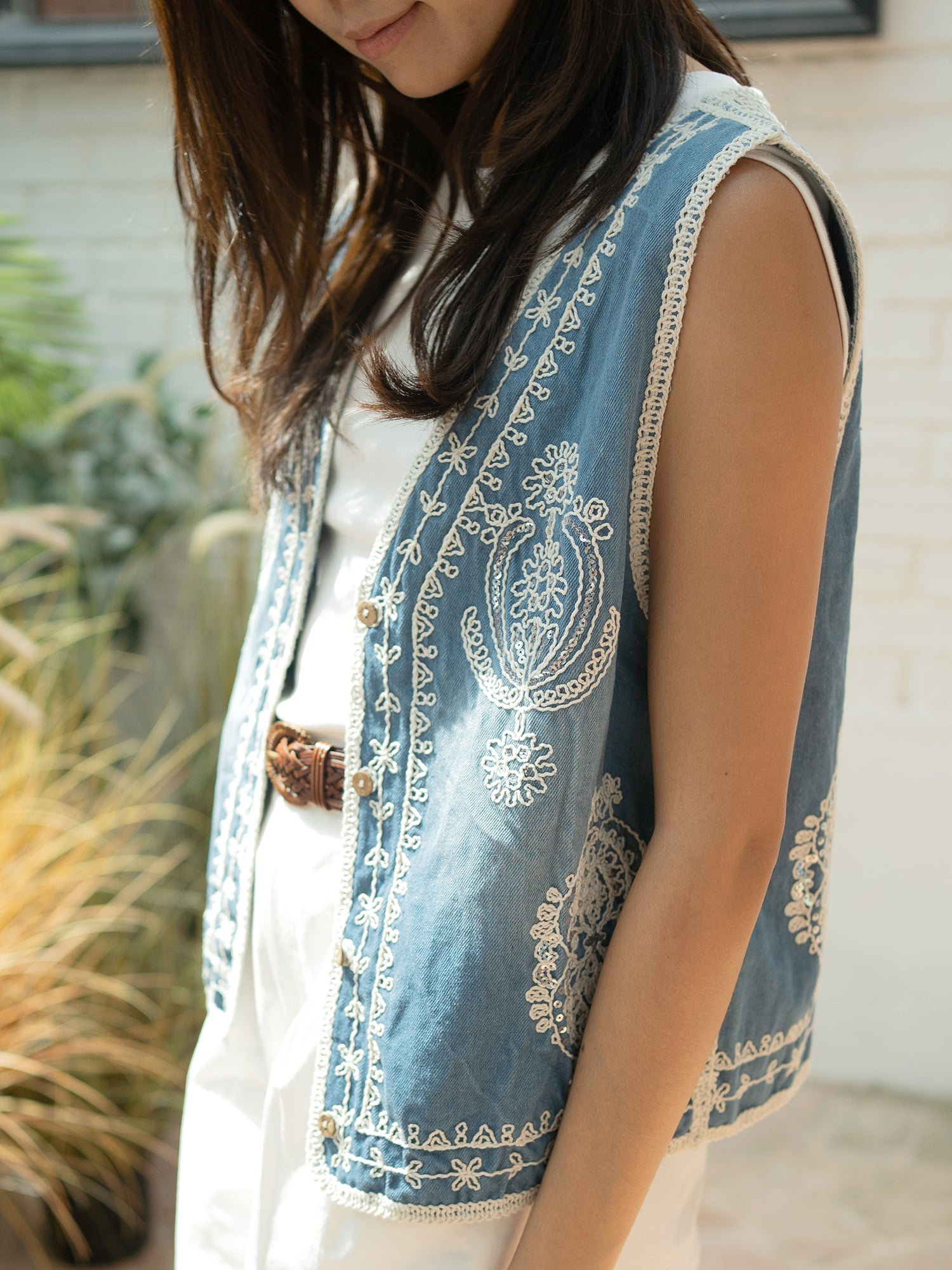 Embroidered Boho Denim Vest