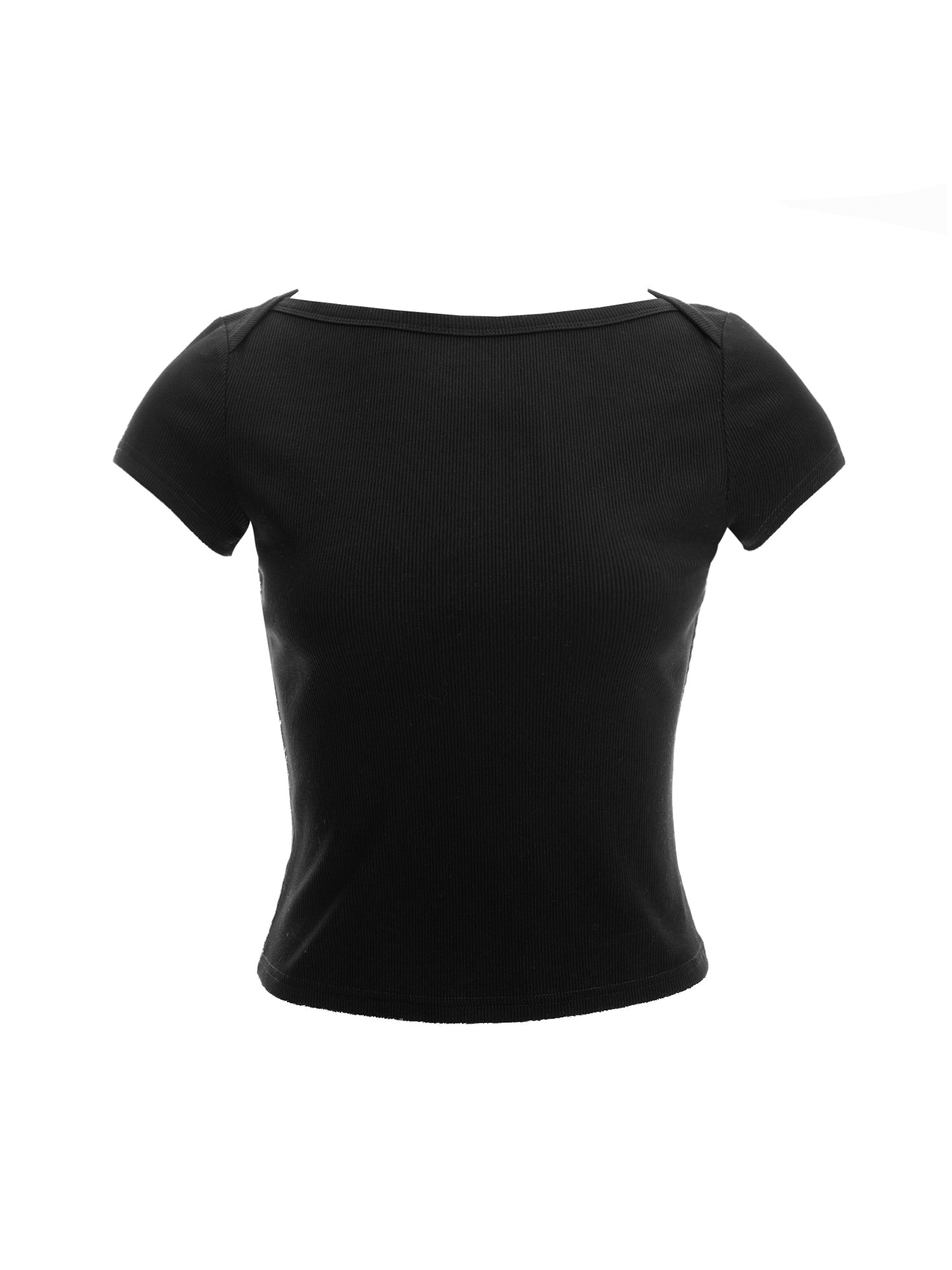 Ribbed Knit Short-Sleeve Boat Neck Top