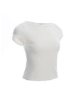 Ribbed Knit Short-Sleeve Boat Neck Top