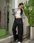 Wide-Leg Pleated Denim Pants