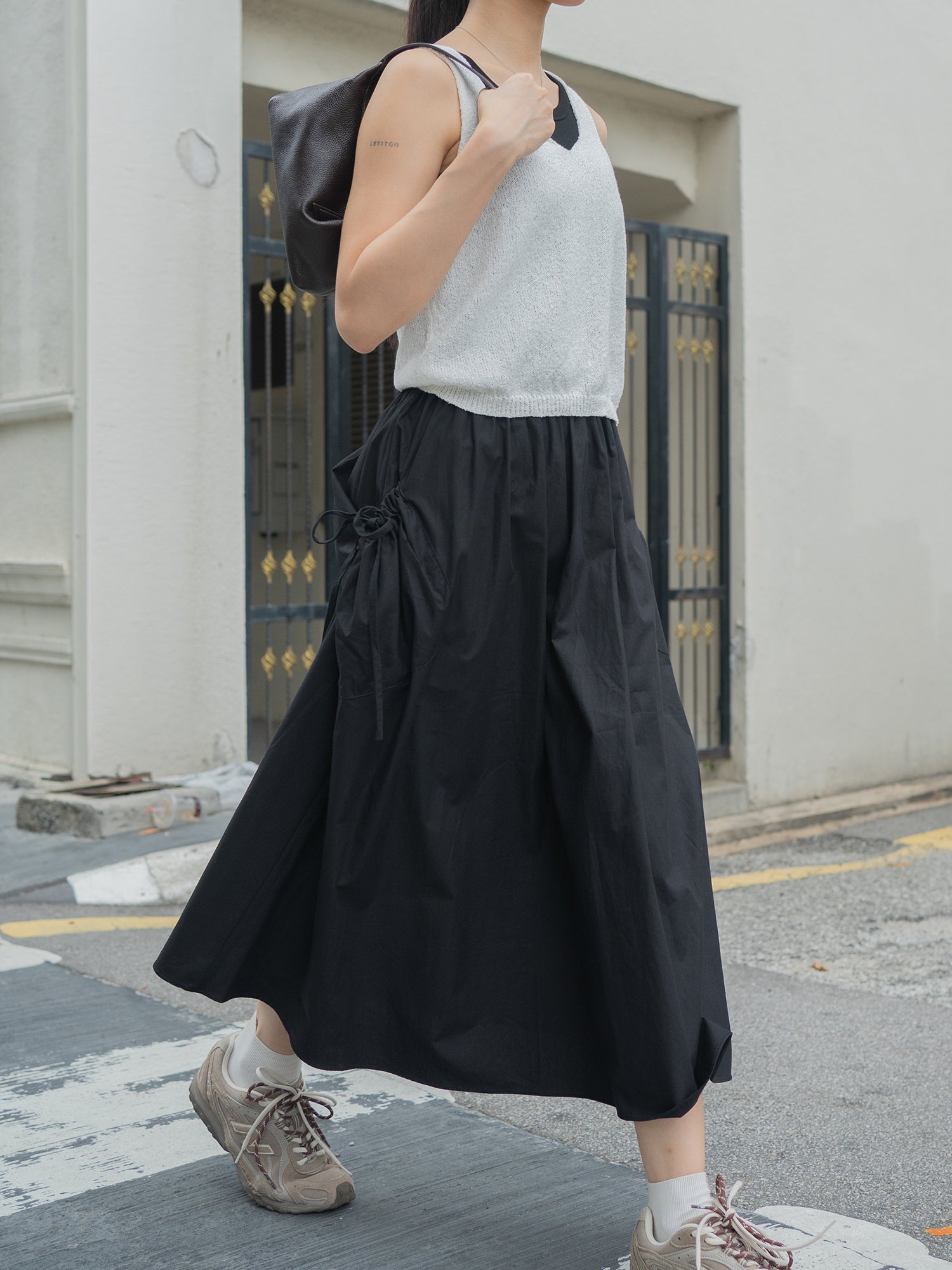 Side Pocket With Ribbon Tie Midi Skirt