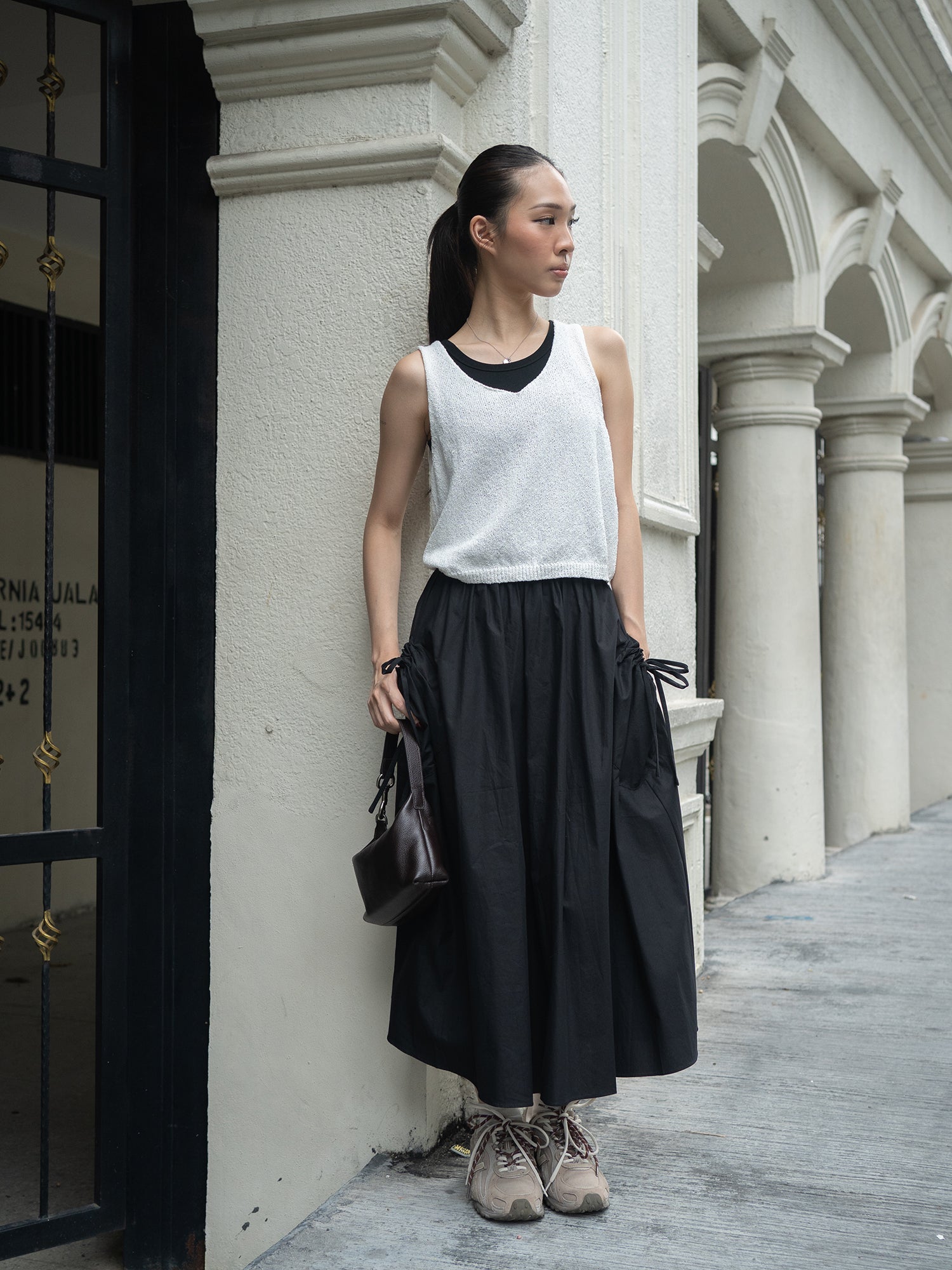 Side Pocket With Ribbon Tie Midi Skirt