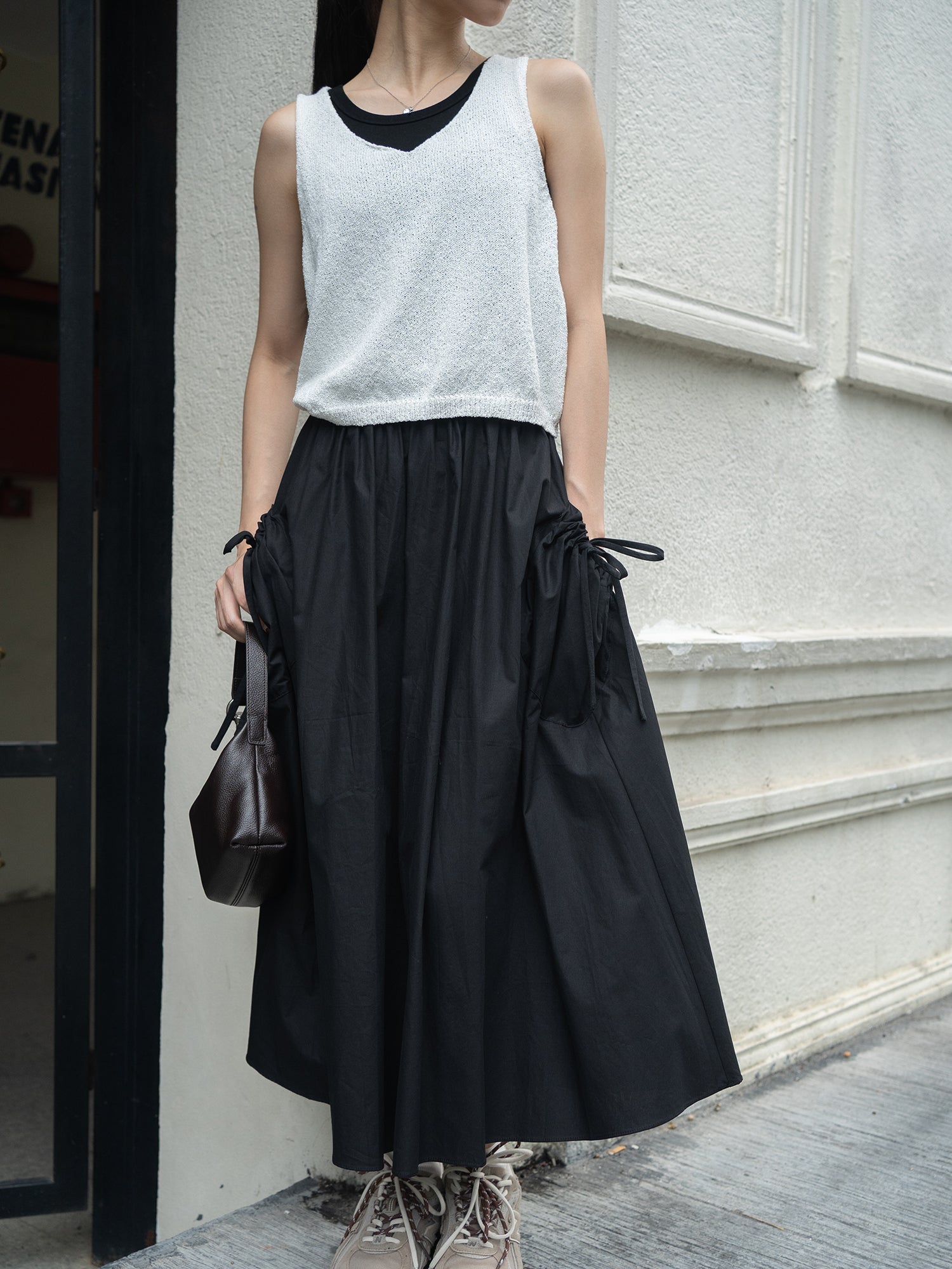 Side Pocket With Ribbon Tie Midi Skirt