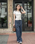 Wide-Leg Pleated Denim Pants