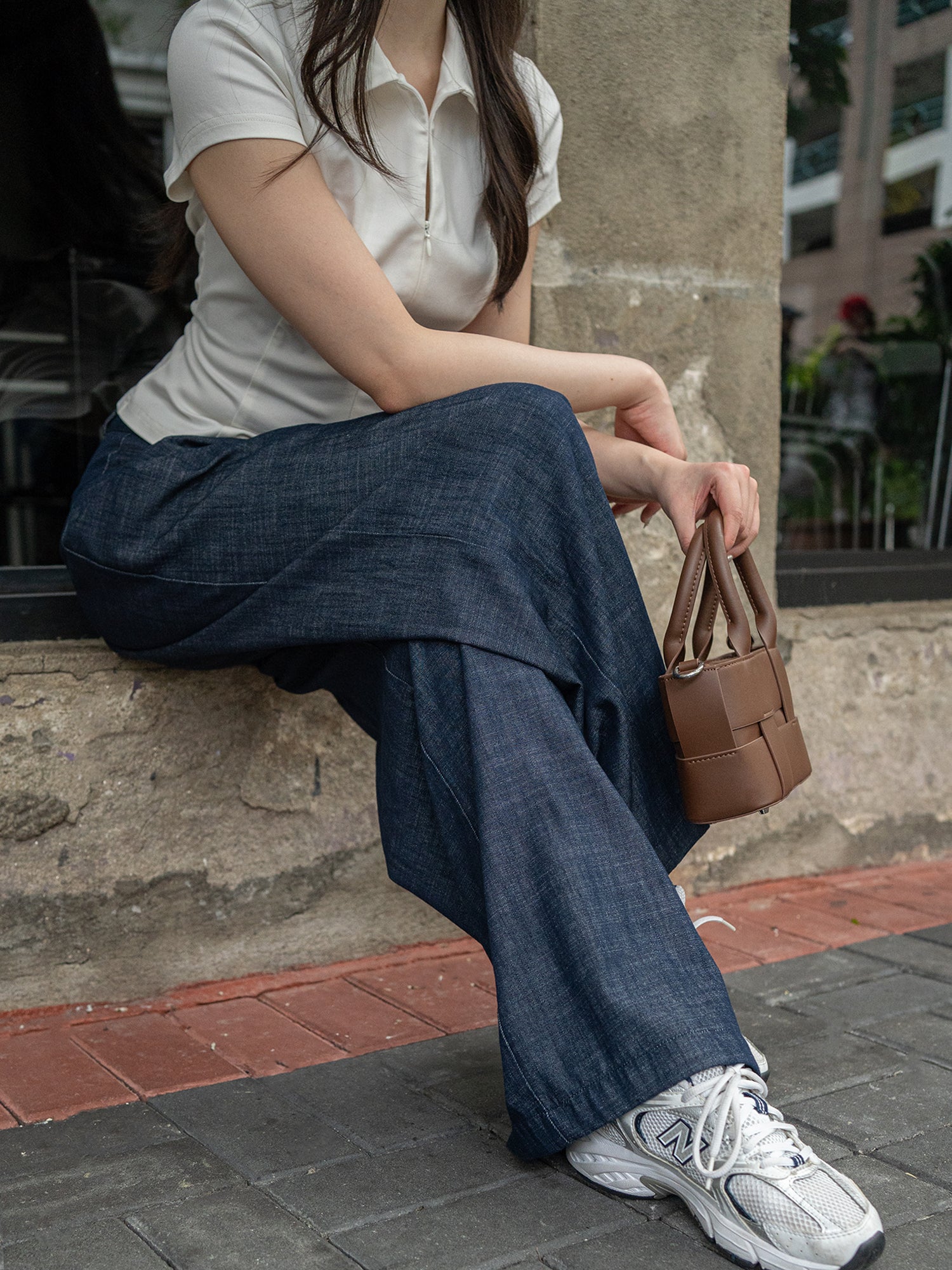 Wide-Leg Pleated Denim Pants