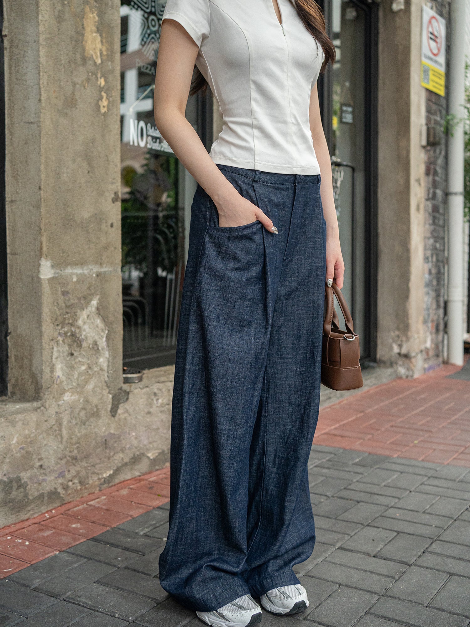 Wide-Leg Pleated Denim Pants