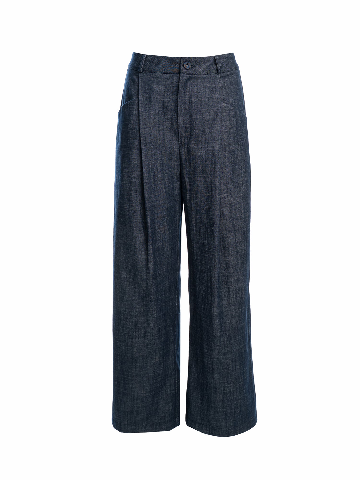 Wide-Leg Pleated Denim Pants