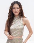 Jacquard Silk-Effect Mandarin Collar Crop Top