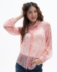 Printed Sheer Button Blouse