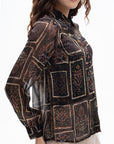 Printed Sheer Button Blouse
