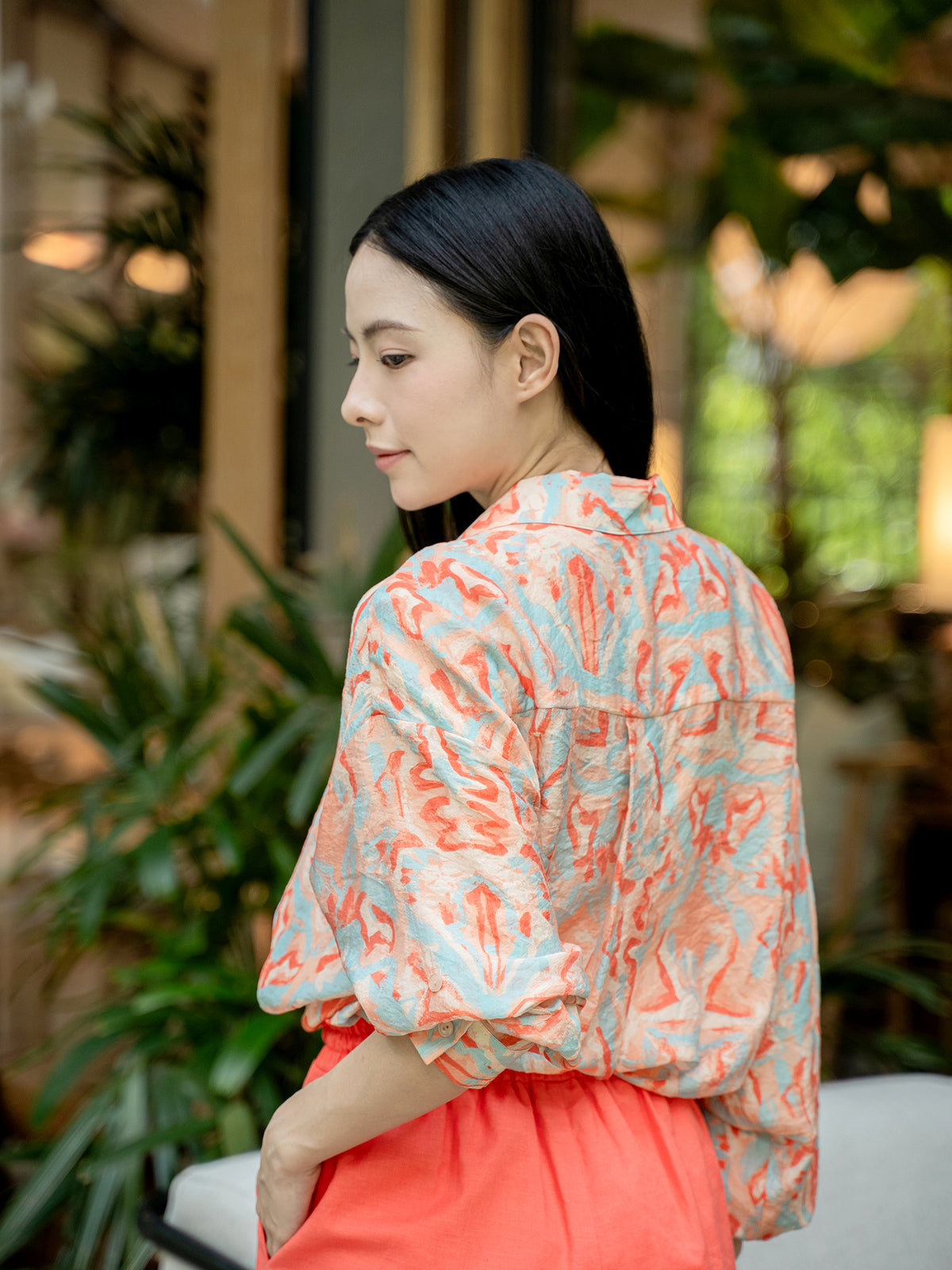 Printed Collar Wrap Shirt