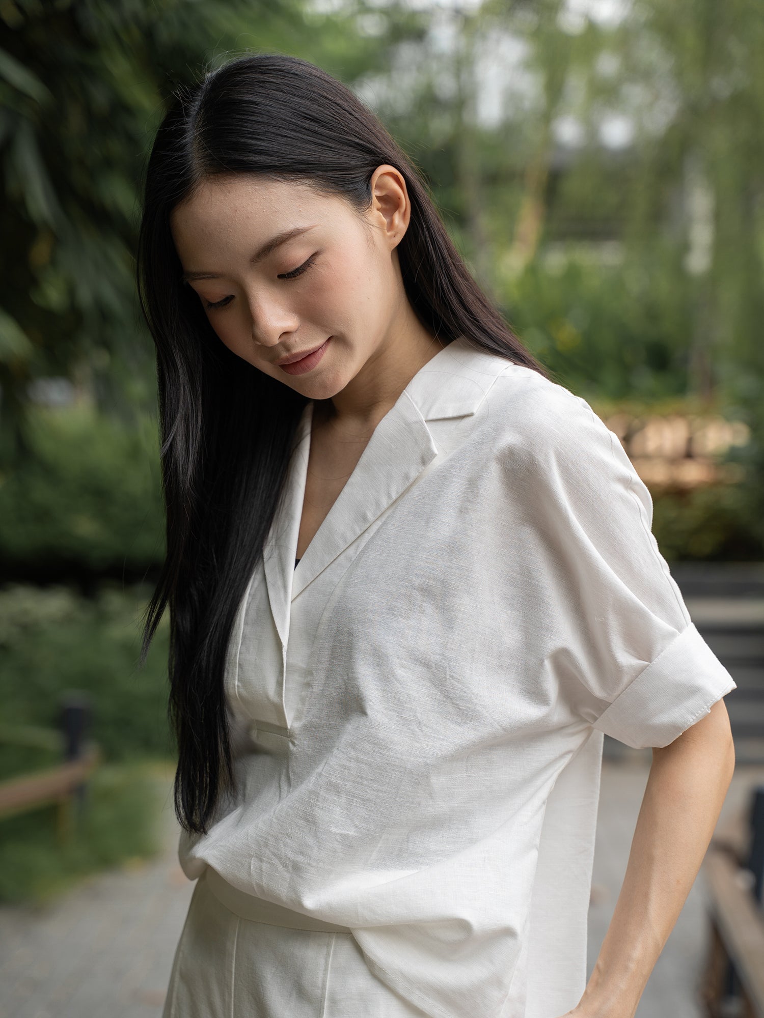 Notch-Lapel Popover Blouse
